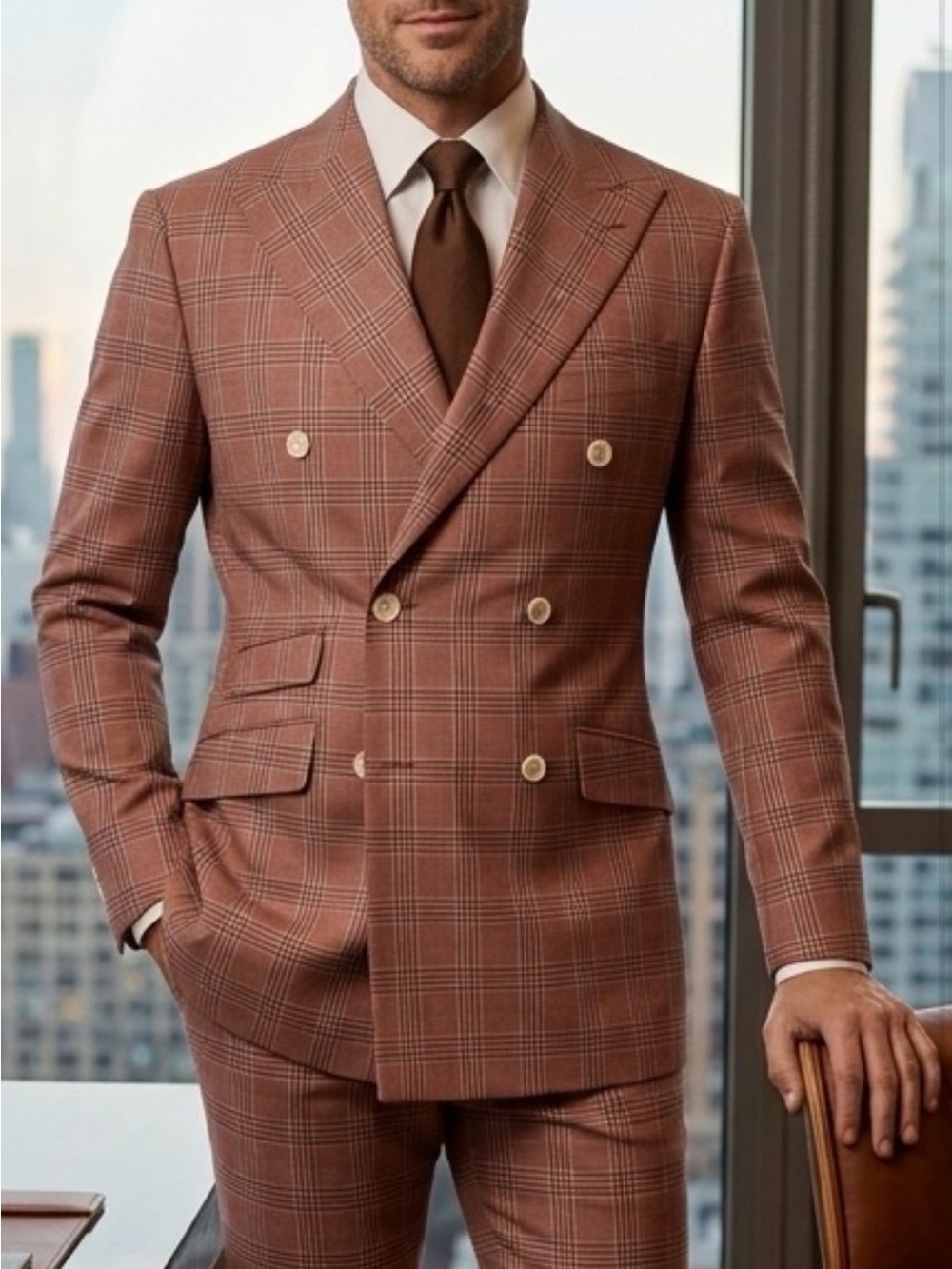 Pink and brown Double-Breasted Plaid Men's super 150 wool Suit 
Made in Italy